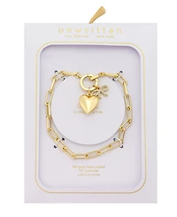 Unwritten Cubic Zirconia Gold-Tone Plated Bow and Heart Cluster Charm Paperclip Chain Bracelet