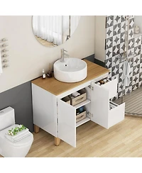 Sillysis Freestanding Bathroom Vanity with Sink, Modern Solid Wood Top, Soft Close Drawers, Round Countertop Basin