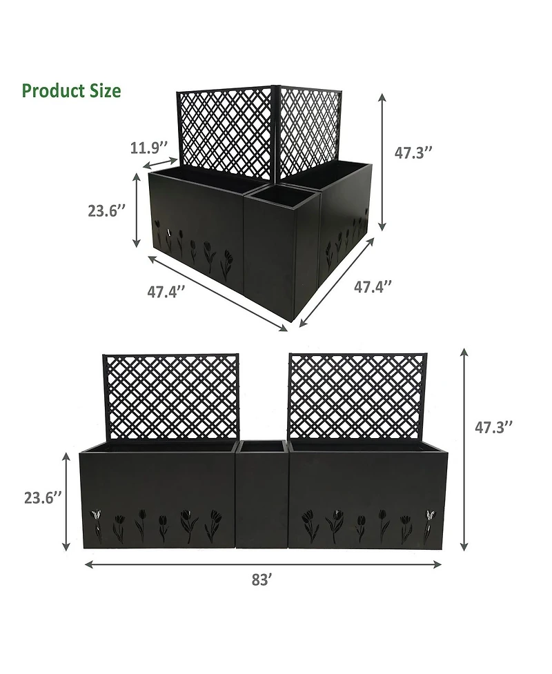 Asagikoiai Metal Planter-Trellis Combo Set of 3, Raised Garden Bed Set with Privacy Screen