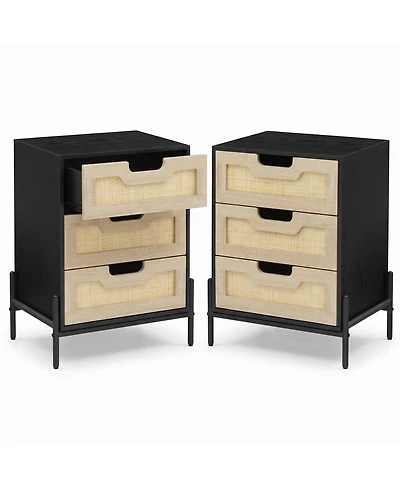 homfan Bohemian Woven Rattan Coffee Table Set of 2 with 3 Practical Drawers, Accent Storage Cabinet for Bedroom and Living Room