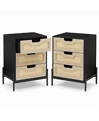 homfan Bohemian Woven Rattan Coffee Table Set of 2 with 3 Practical Drawers, Accent Storage Cabinet for Bedroom and Living Room