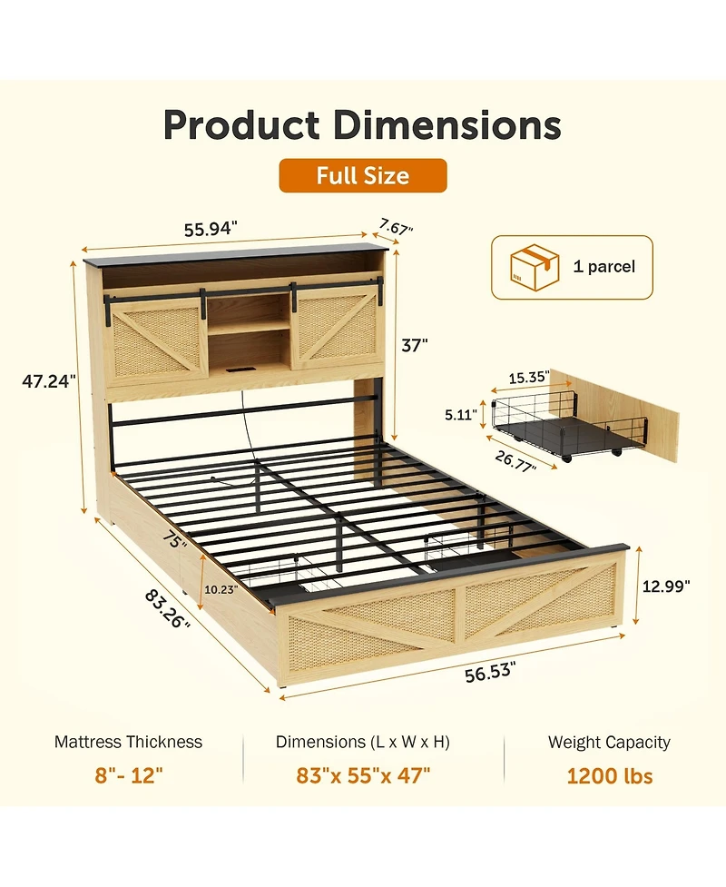 Lucky One Farmhouse Full Size Bed Frame with Storage Headboard and Drawers