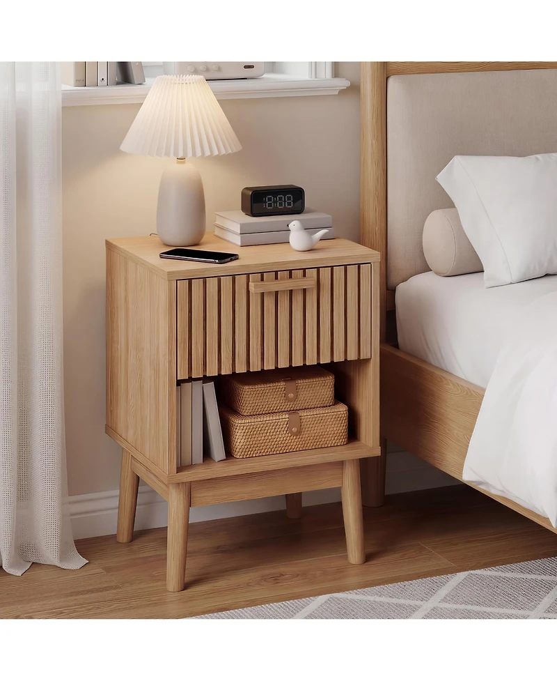 homfan Boho Nightstand with Drawer Set of 2, Modern Compact Wood Side Table with Open Storage Shelf, Small End Table for Bedroom, Living Room and Dorm