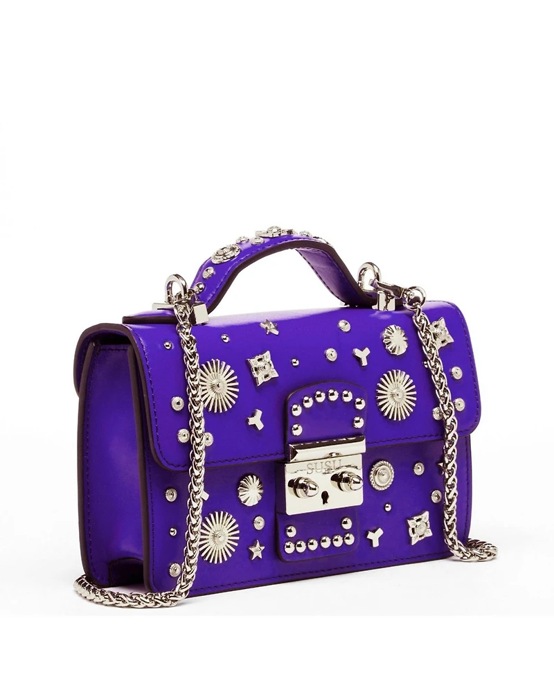 Susu Womens Royal Blue Purple Leather Studded Mini Crossbody Bag Structured Top Handle Satchel with Buckle Closure