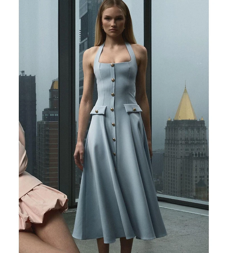 Miss Circle Women's Gillian Mist Blue Halter A-Line Midi Dress