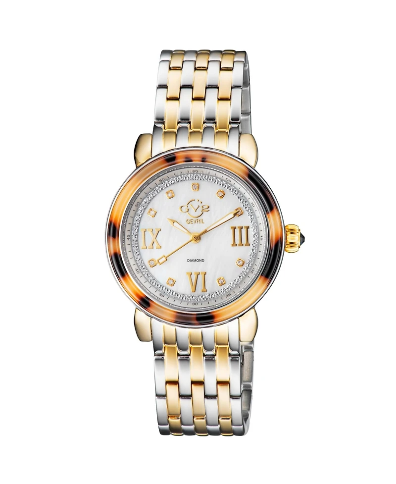 GV2 by Gevril Women's Marsala Tortoise Swiss Quartz Diamond Two toned Ss Ipyg Stainless Steel Bracelet Watch
