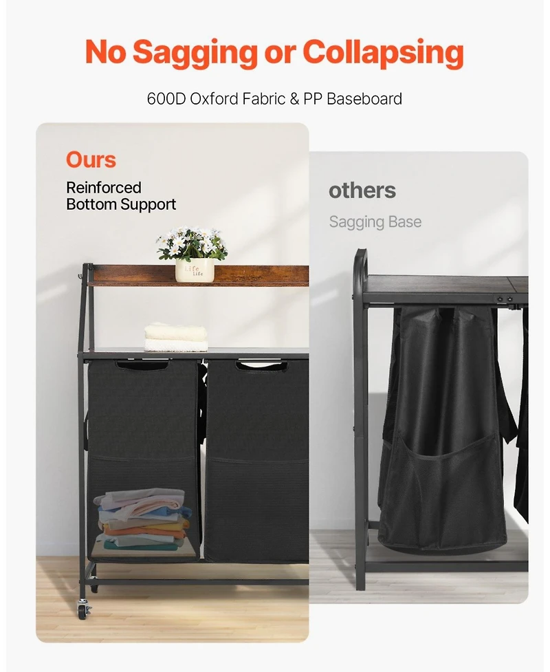 Ecooso 2-Tier Laundry Sorter, 2-Section Rolling Hamper with Wood Top, Ladder Shelves, Metal Frame, 600D Oxford Cloth Bags
