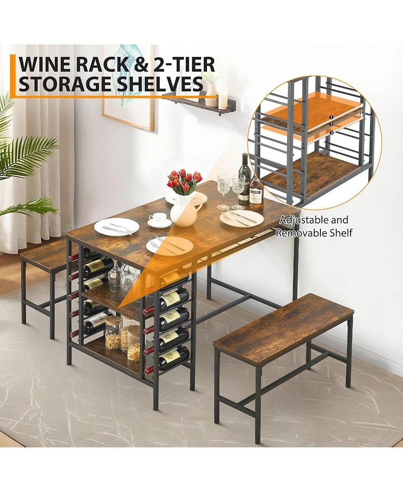 gaomon 3-Piece Dining Set for 4, Table with 2 Benches, Wine Rack & Storage