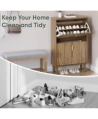 Rainsken Shoe Storage Cabinet, Walnut Hidden Shoe Rack with 2 Flip Drawers, Line Groove Design and Gold Handles for Entryway, Hallway and Living Room