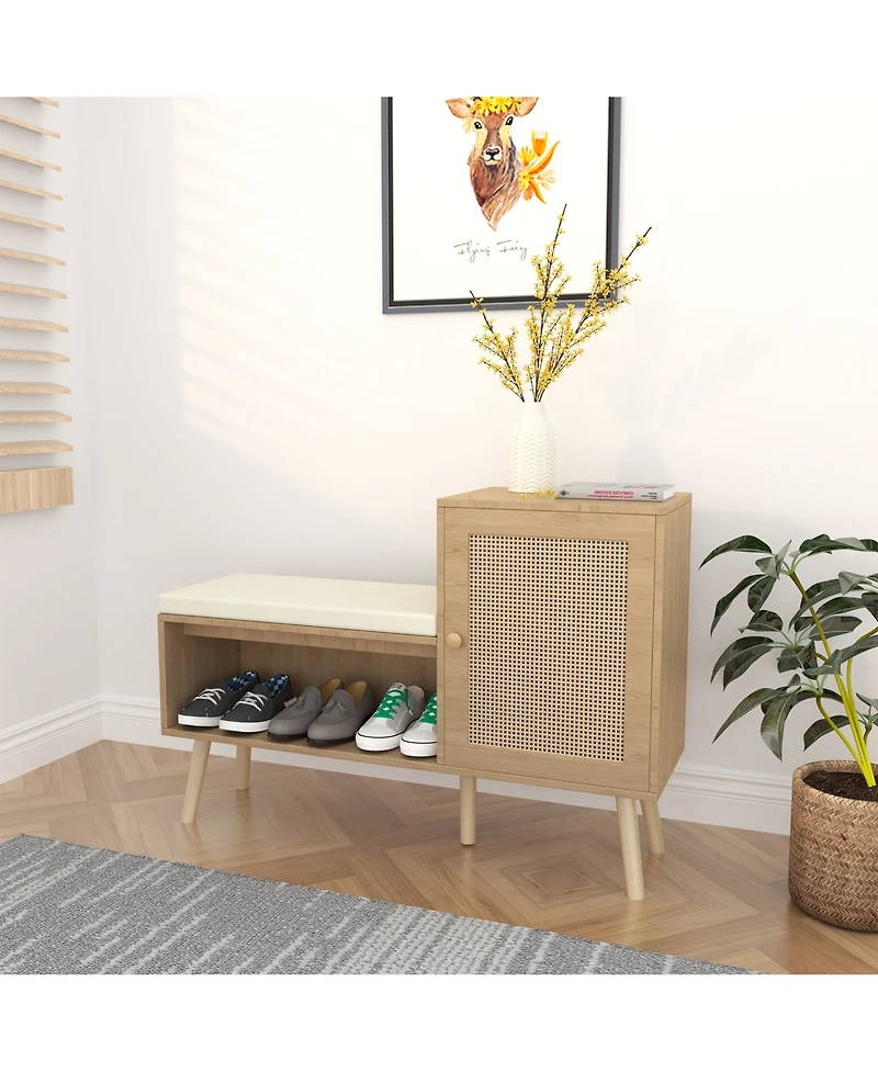 Rainsken 2-in-1 Shoe Storage Bench, Rattan Shoe Cabinet with Adjustable Shelves and Removable Seat Cushion, Hidden Shoe Rack Organizer for Entryway