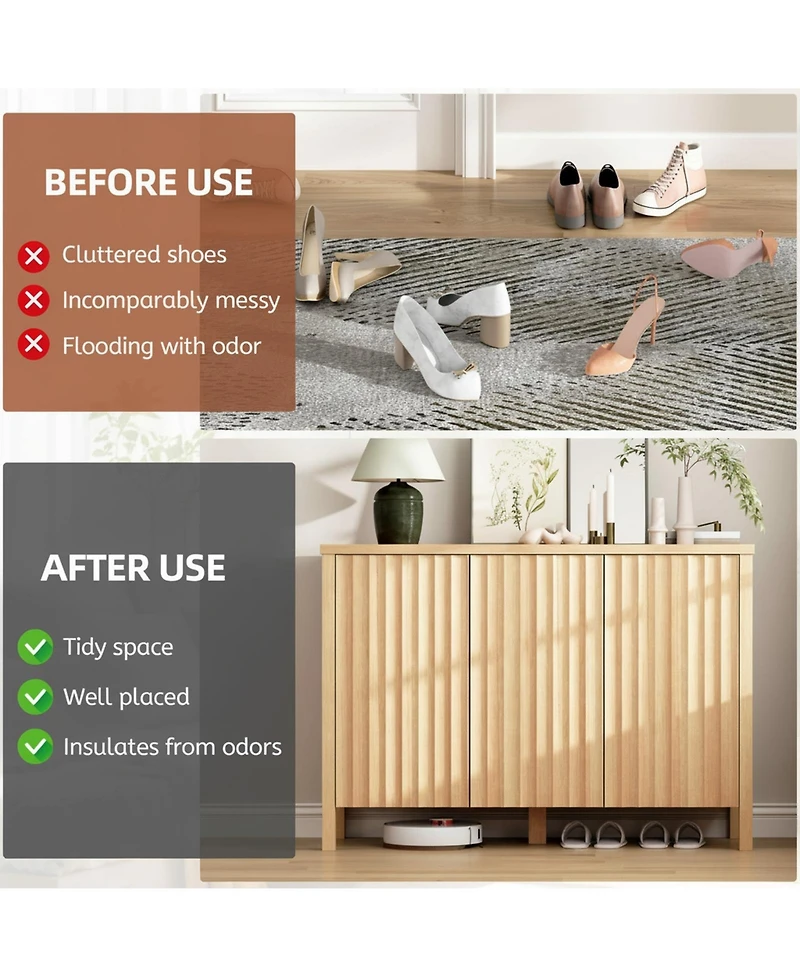 Yigii Fluted 3 Door Narrow Wooden Entryway Shoe Cabinet Storage