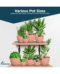 Lifemaster stackable plant pots with drainage holes and saucers, 15-pack (7", 6.7", 6", 5.3", 4.8"). Durable, weatherproof