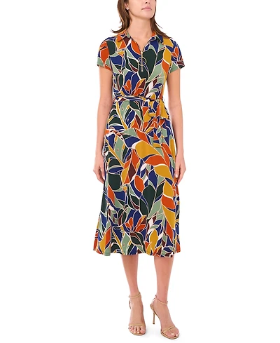 Msk Petite Short-Sleeve Collared Belted Midi Dress