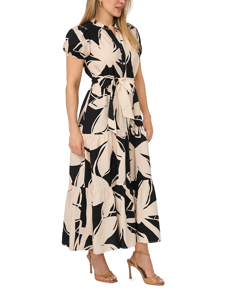 Msk Petite Split Neck Belted Tiered Maxi Dress