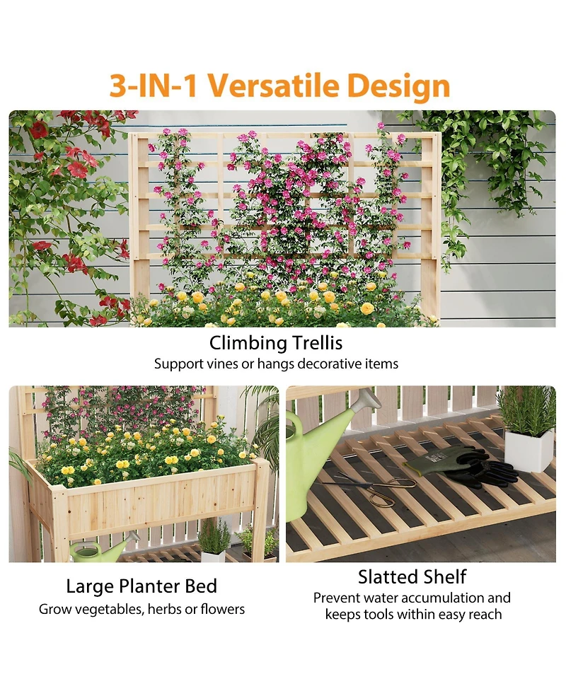 Sugift Raised Garden Bed With Trellis Wooden Elevated Planter Box With Legs