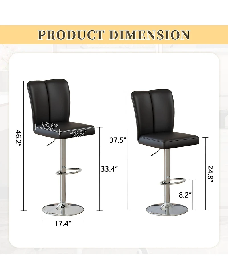 Rainsken Adjustable Bar Stools Set of 2, Swivel Pu Leather Chair with Back, Armless Upholstered Barstools, for Dining Room, Kitchen Island