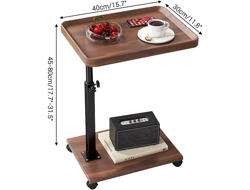 gaomon C-Shaped Adjustable Height End Table, 360degree(s) Swivel Tv Tray with Wheels, Wood and Metal Sofa Table for Living Room