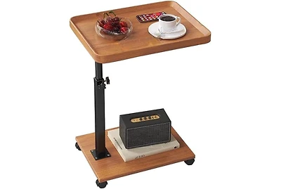 gaomon C-Shaped Adjustable Height End Table, 360degree(s) Swivel Tv Tray with Wheels, Wood and Metal Sofa Table for Living Room