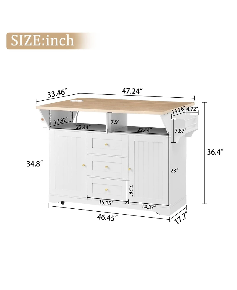 Clihome Rolling Kitchen Island with Power Outlet, Spice Rack and 2 Drop Leaf