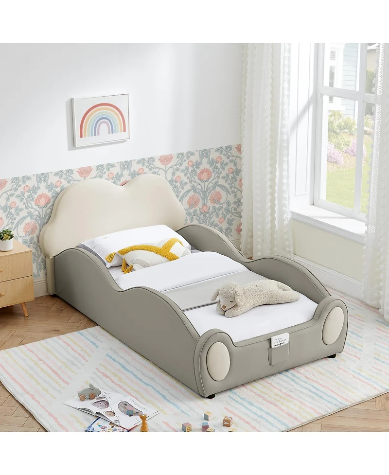 Streamdale Furniture Twin Size Cute Cloud Pu Leather Kids Bed with Guardrails and Storage