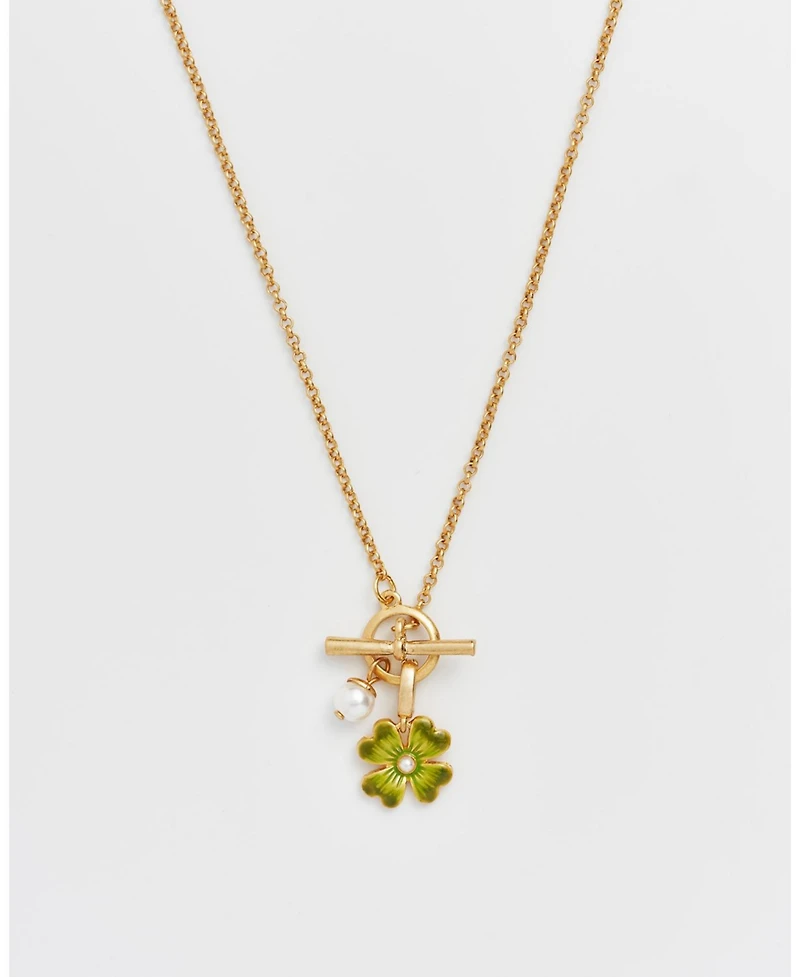Fable England Lucky Clover and Pearl Toggle Necklace