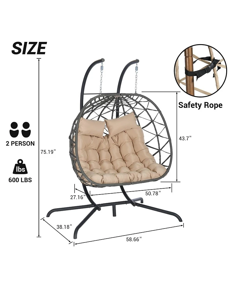 Asagikoiai Outdoor Double Egg Chair with Stand and Cushions, Hanging Wicker Patio Swing