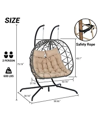 Asagikoiai Outdoor Double Egg Chair with Stand and Cushions, Hanging Wicker Patio Swing