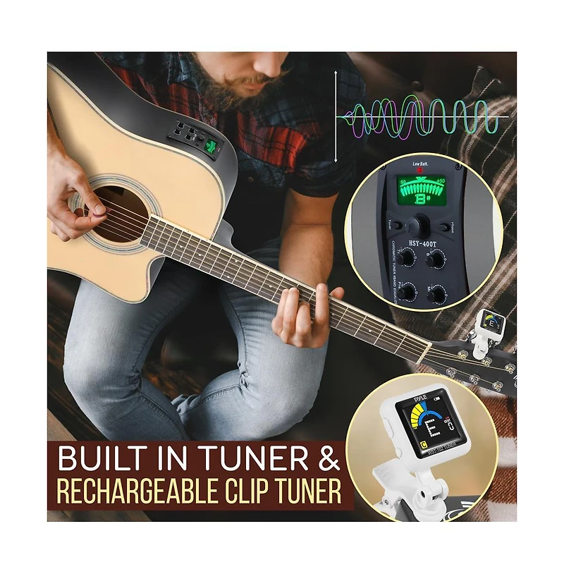 Pyle Electric Acoustic Guitar Kit - 6-String Guitar with Amplifier, Digital Tuner, and Accessories, Natural Finish