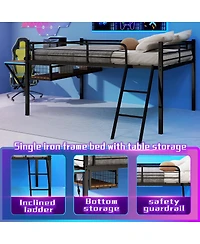 Streamdale Furniture Metal Loft Bed with Desk, Led Lights, and Storage