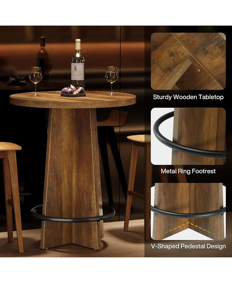 Tribesigns Tall Wooden Bar Table with Base and Metal Ring Footrest Round