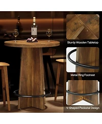 Tribesigns Tall Wooden Bar Table with Base and Metal Ring Footrest Round