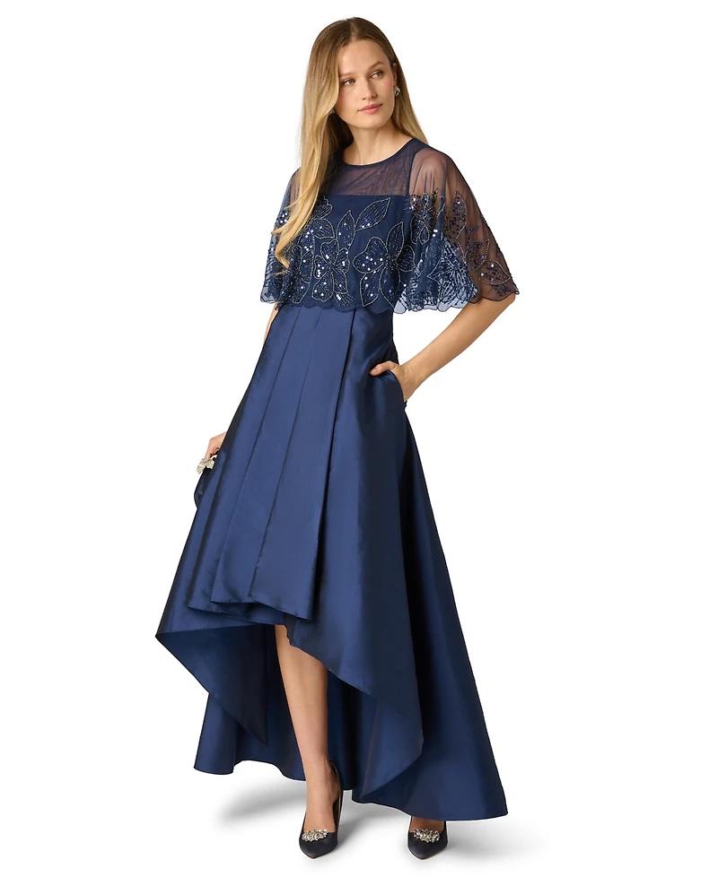 Adrianna Papell Women's Boat Neck Bead Cape Taffeta Dress