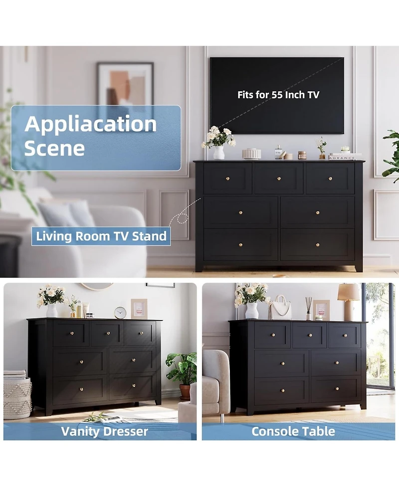 gaomon 7 Drawer Dresser, Modern Wood Chest With Gold Handles, Large Storage For Bedroom Or Hallway