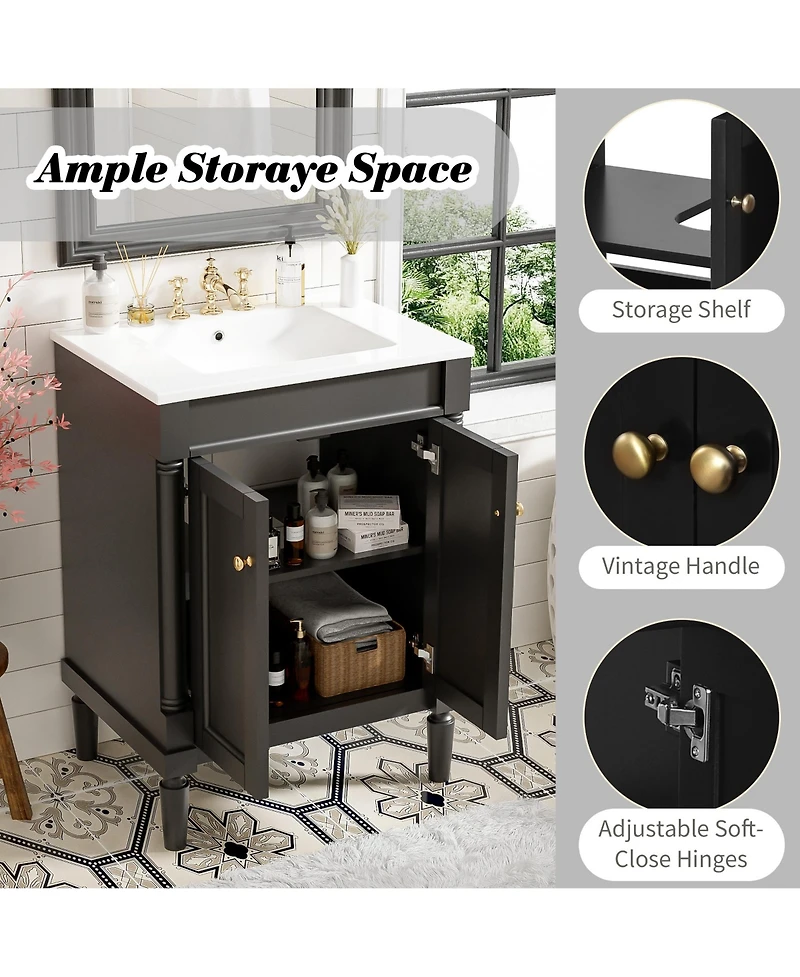Phying 24 Inch Single Sink Bathroom Vanity Modern 2 Tier Storage Cabinet with Top Sink and Large Capacity Storage Shelves