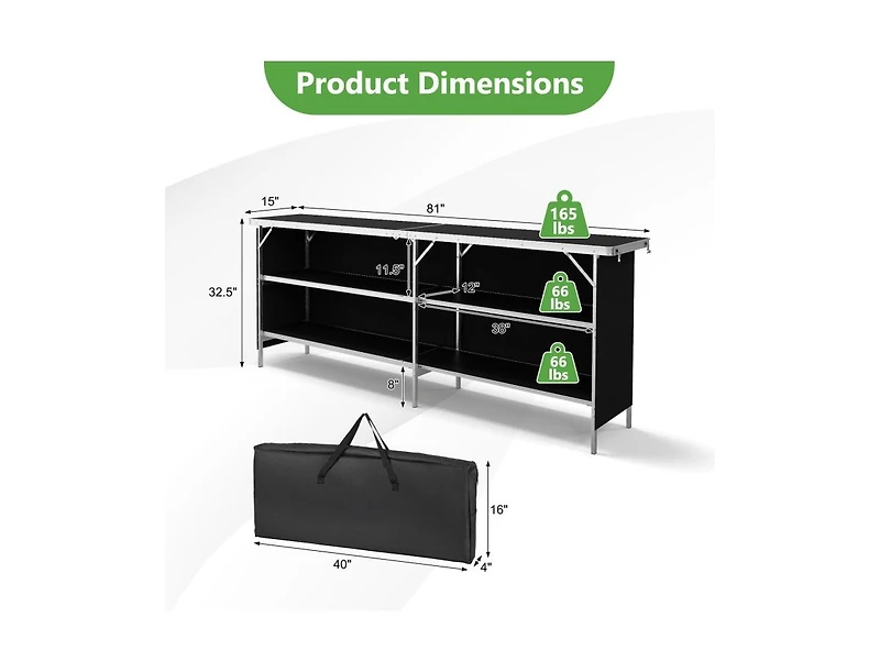 Boyel Living Aluminum Portable Picnic Table with 2-Tier Open Shelves and Spacious Tabletop