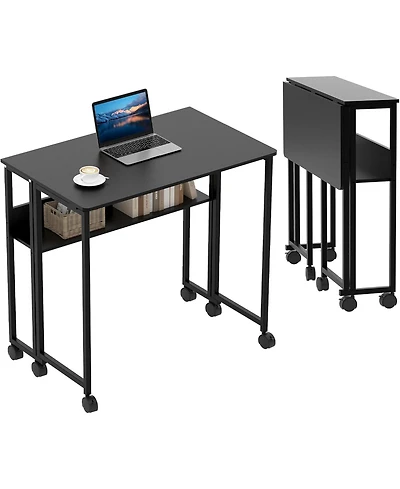 gaomon 31.5" Folding Rolling Desk with Storage Shelf, Space-Saving Portable Computer Table for Home Office