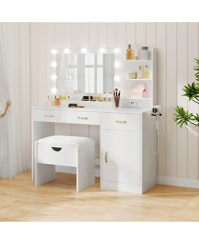 gaomon Vanity Desk with Mirror and Lights, Set Upholstered Storage Stool, Makeup Power Outlet 11 Led Bulbs, Dressing Table