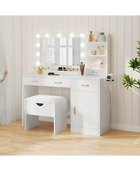 gaomon Vanity Desk with Mirror and Lights, Set Upholstered Storage Stool, Makeup Power Outlet 11 Led Bulbs, Dressing Table