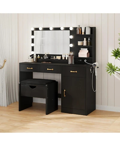 gaomon Vanity Desk with Mirror and Lights, Set Upholstered Storage Stool, Makeup Power Outlet 11 Led Bulbs, Dressing Table