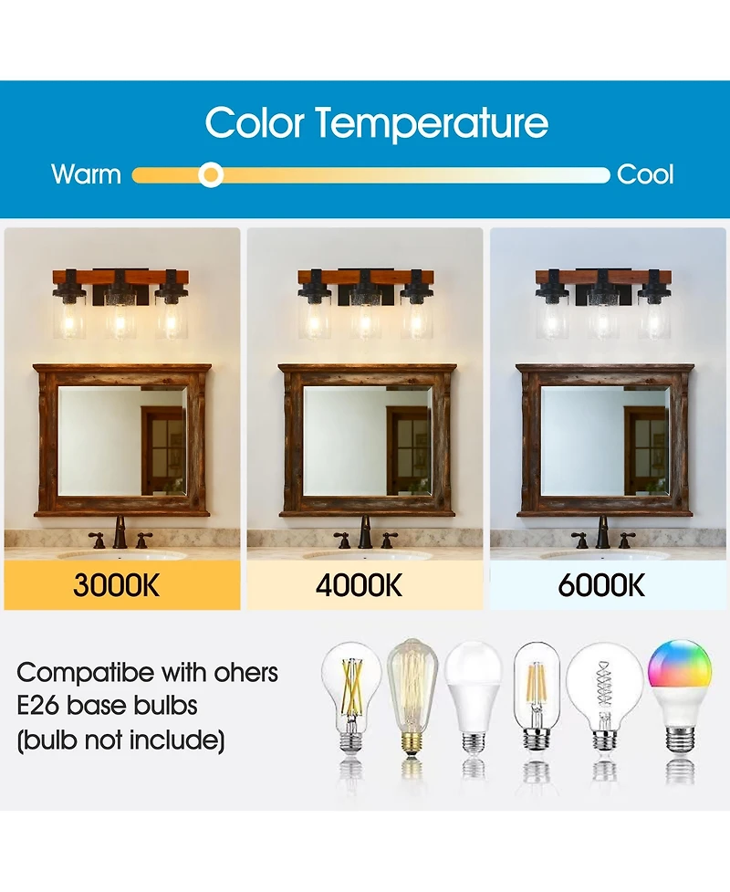 Midola 3-Light And Wooden Wall Lamps With Glass Shades(No Bulbs) for Bathroom Or Bedroom