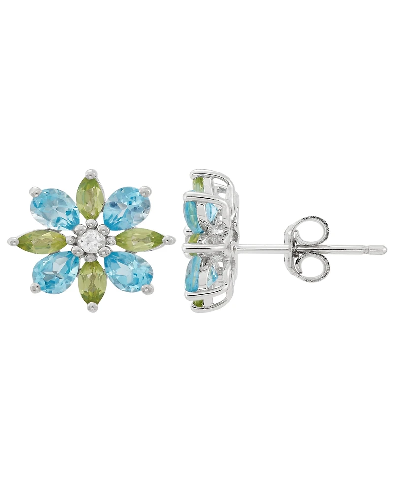 Macy's Swiss Blue Topaz (1-1/3 ct. t.w.), Peridot (5/8 ct. t.w.) & White Topaz (1/20 ct. t.w.) Flower Stud Earrings in Sterling Silver