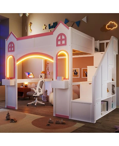 Streamdale Furniture Full Size Wood Castle Loft Bed with Storage, Desk, and Led Lights
