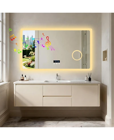 Luvodi Wall-Mounted Led-Bathroom-Mirror with Bluetooth Speaker, Time Display, Magnifier, Anti-Fog, Memory Function, 3 Color Temperature