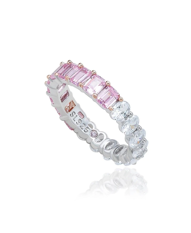 Suzy Levian Sterling Silver Half and Emerald-Cut Oval-cut Duo Eternity Band