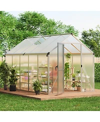 gaomon Outdoor Polycarbonate Greenhouse, Walk-In Hobby Greenhouse with Sliding Doors, Adjustable Roof Vent and Aluminum Frame