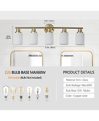 Busdays Golden Finish Modern Vanity Wall Sconce 5 Lights Frosted Glass Shades for Bathroom Hallway Lighting No Bulbs