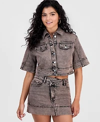 Bar Iii Women's Dirty Denim Elbow-Sleeve Shirt, Macy's Exclusive