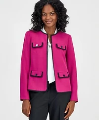 Kasper Collarless Contrast Piping Jacket Embellished Neck Tie Top Ava Straight Leg Pants