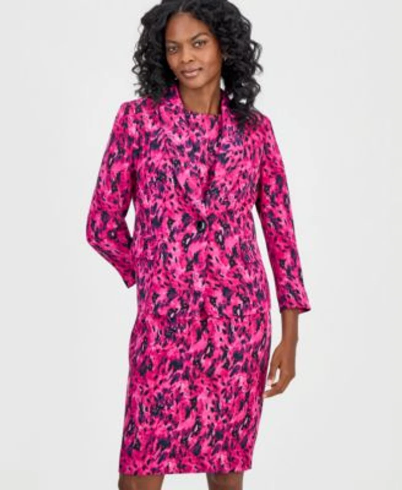 Kasper Womens Printed Shawl Collar Scuba Jacket Round Neck Scuba Sheath Dress
