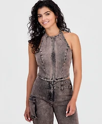 Bar Iii Women's Dirty Denim Halter-Neck Top, Macy's Exclusive